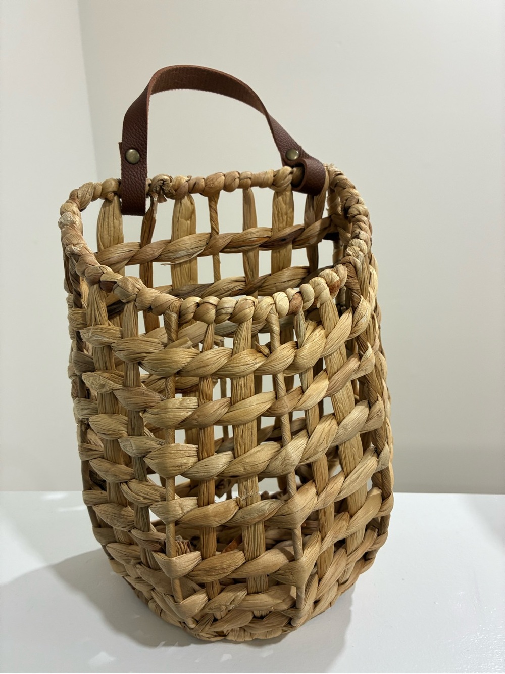 Woven Straw Basket Tote with Brown Leather Handle